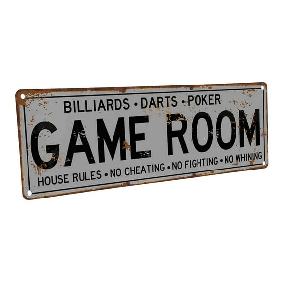 Game Room House Rules 4"x12" Metal Sign, Wall Décor for Mancave, Den, and Gameroom