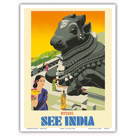 Mysore - See India - Sitting Nandi Bull Statue - Vintage Travel Poster c.1950s - Master Art Print (Unframed) 9in x 12in