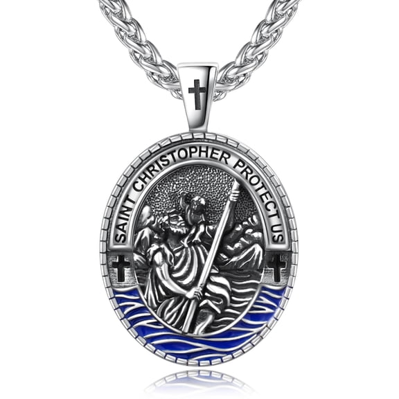 TANGPOET 925 Sterling Silver St Christopher Medal Necklace Engraved Medallion Jewelry for Men Women Daily Wear