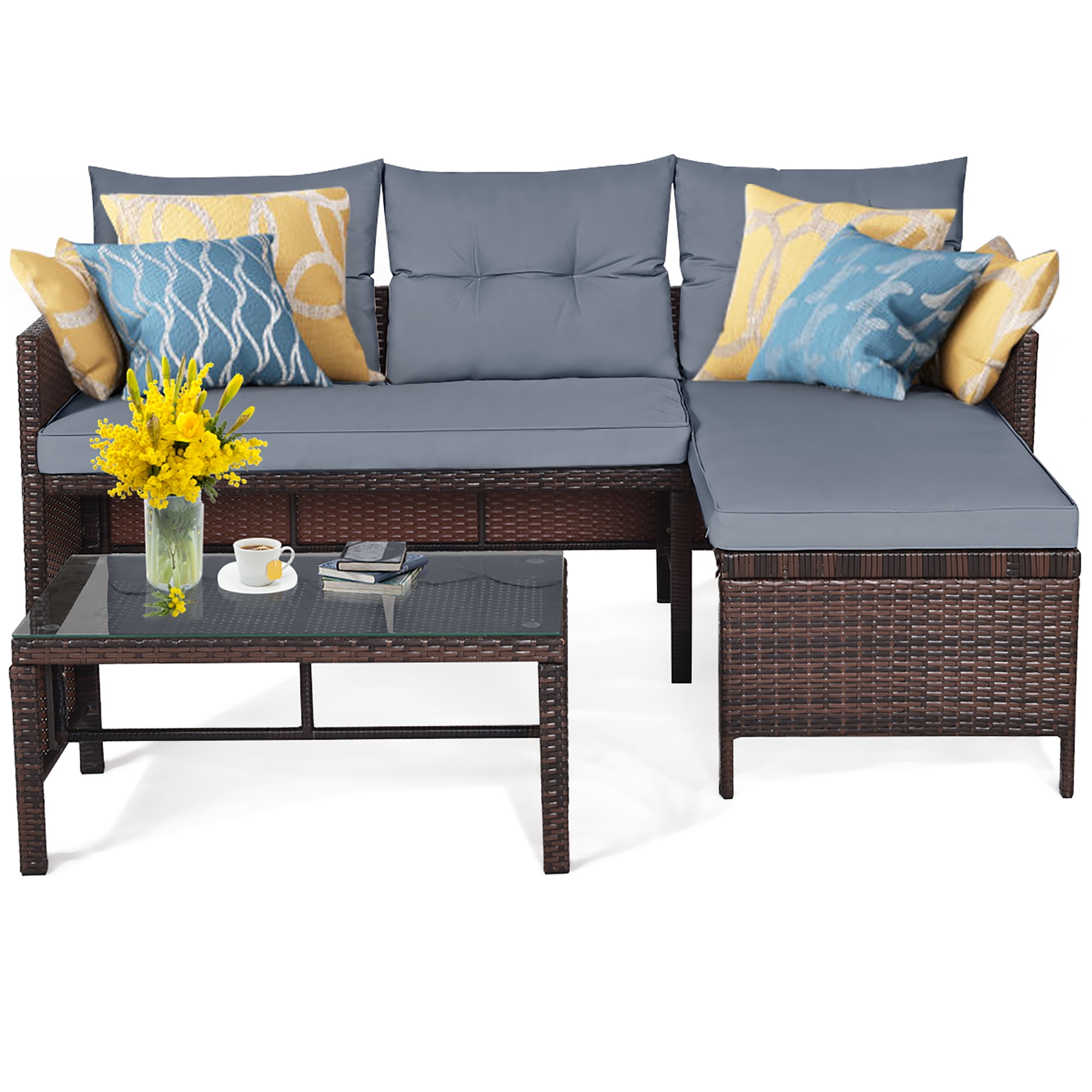 Costway 3PCS Patio Wicker Rattan Sofa Set Outdoor Sectional Conversation Set Lawn Garden