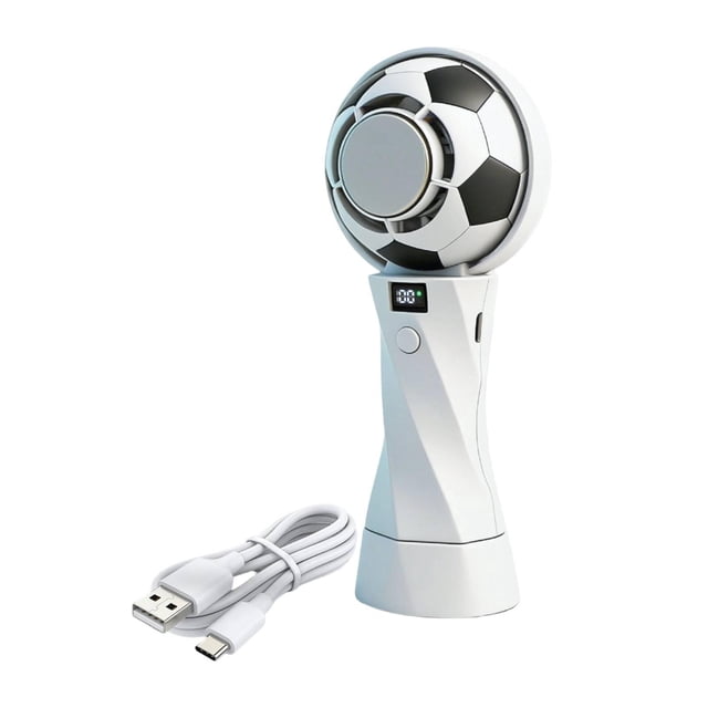 Ventilador portátil mano con forma balón fútbol, recargable, con 6 velocidades y hielo para oficina, camping y hogar. Blanco