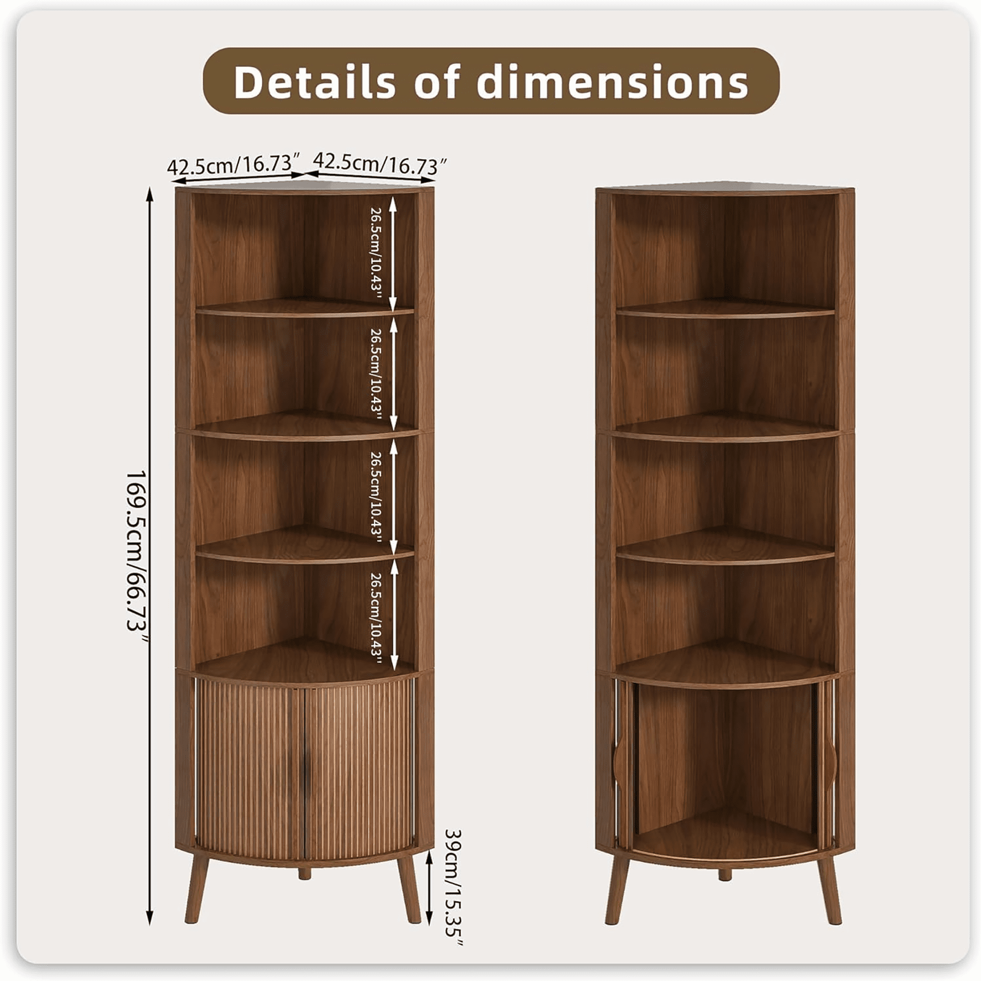 Diubas 66.73'' Tall Fluted Floor Corner Cabinet, Farmhouse Storage Cabinet with 2 Doors and 5 Storage Shelves for Living Room, Kitchen, Study Room, Walnut