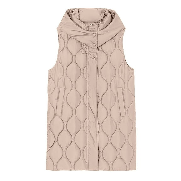 Women Fall Jacket Long Puffer Vest Solid Sleeveless Button Down Zip Up Hooded Quilted with Pockets Lightweight Jacket