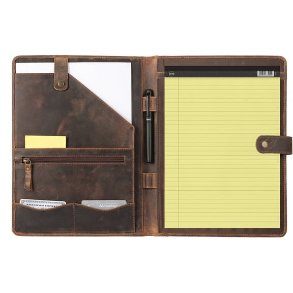 Full-Grain Leather Portfolio Folder with Button Closure, Legal Pad Holder, Card Slots, and Document Pockets, Distressed Tan