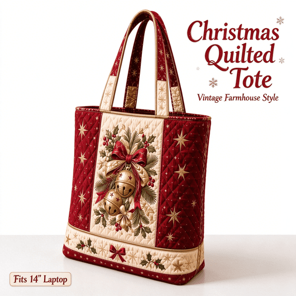 Christmas Quilted Tote Bag, Holiday Themed Print Reusable Tote, Large Carryall Shoulder Bag for Winter Shopping, Christmas Gifts & Festive Daily Carry