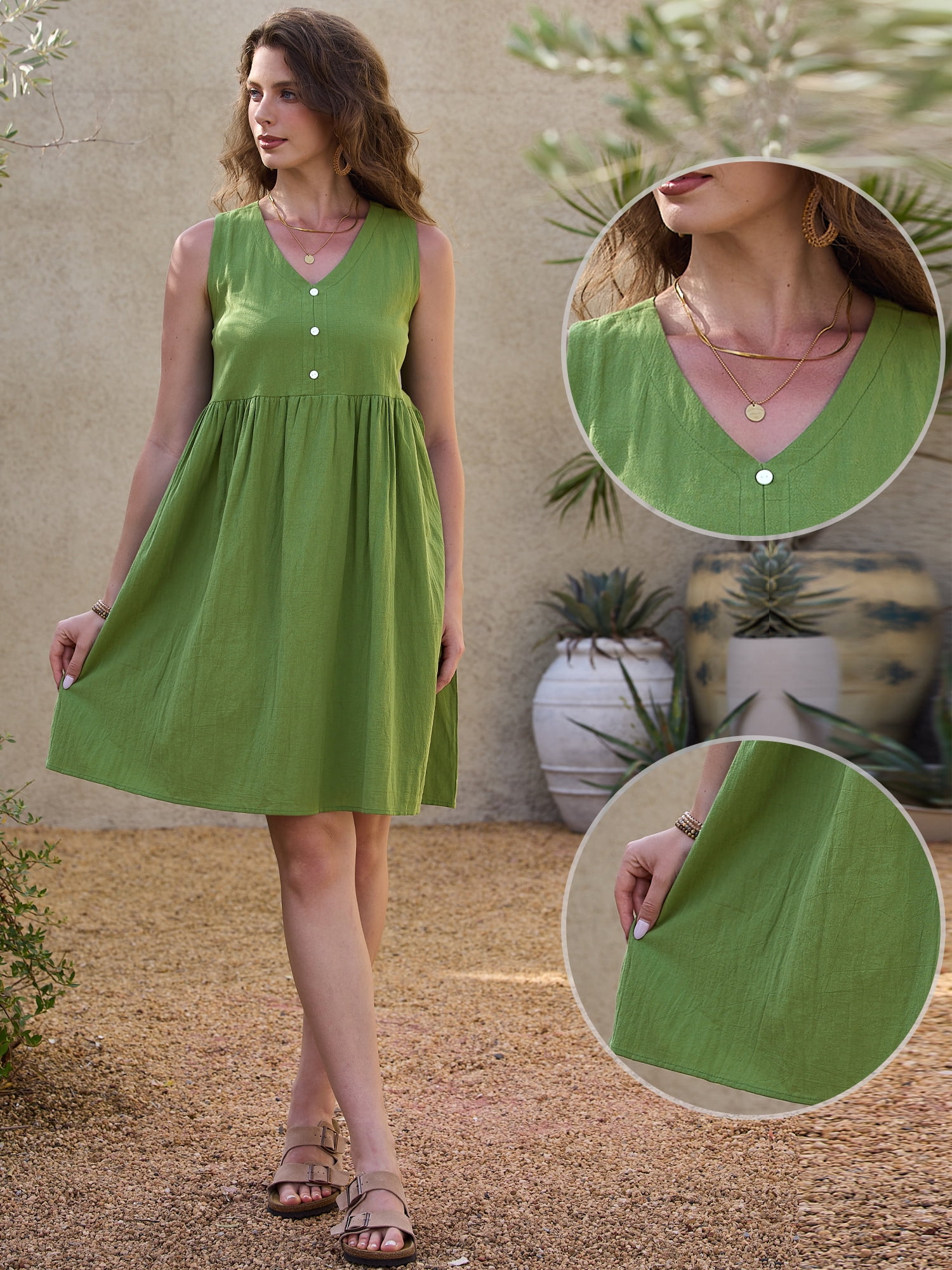 DARING DIVA Women's Linen Sleeveless Casual V Neck Button Front Dress M Olive