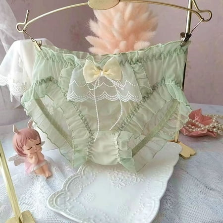 Mesh See Through Lace Knickers Princess Sexy Underwear Womens Panties Ruffle Briefs Lingerie GREEN XL