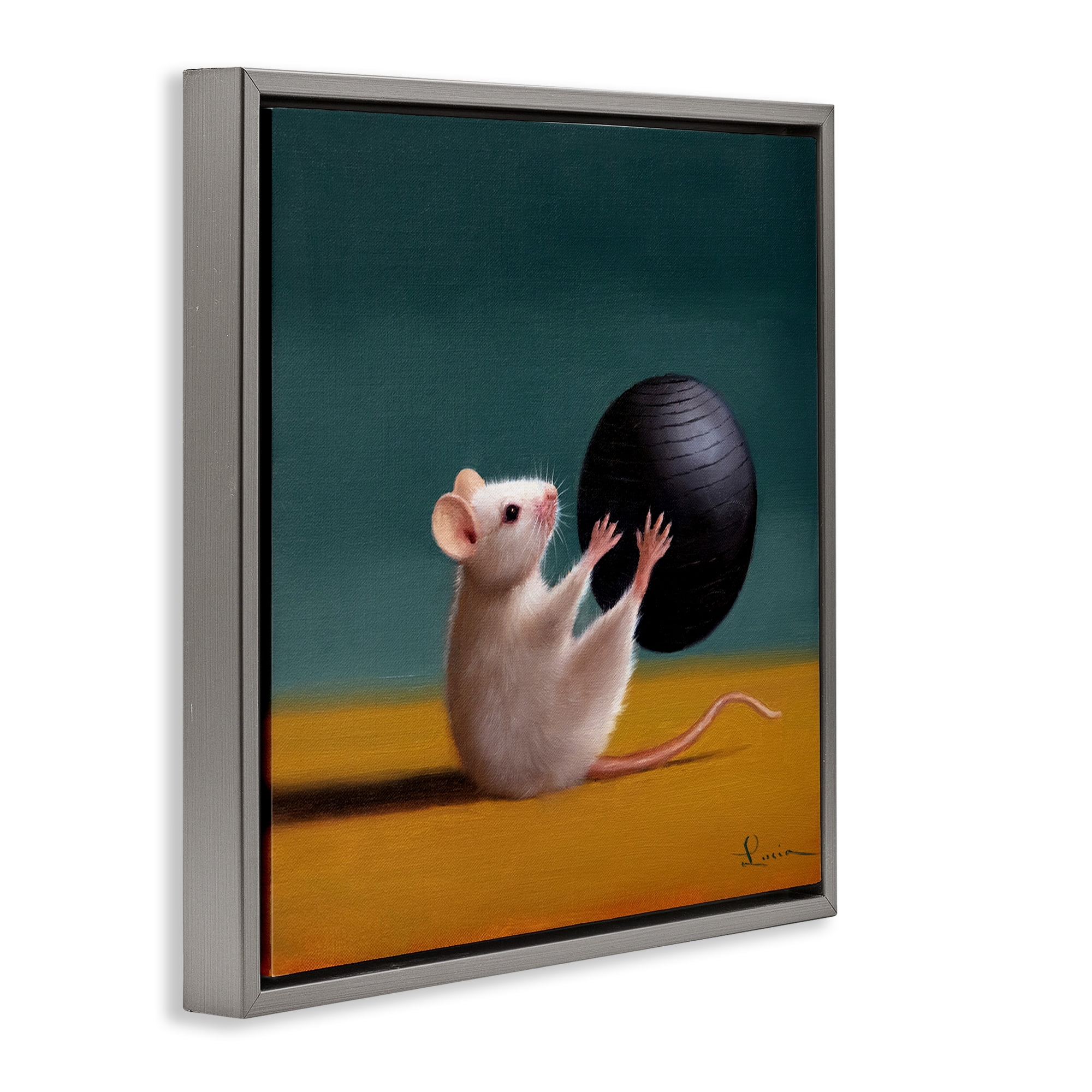 Stupell Industries Mouse with Exercise Ball Animals & Insects Painting Gray Floater Framed Canvas Art Print Wall Art, 18 x 18