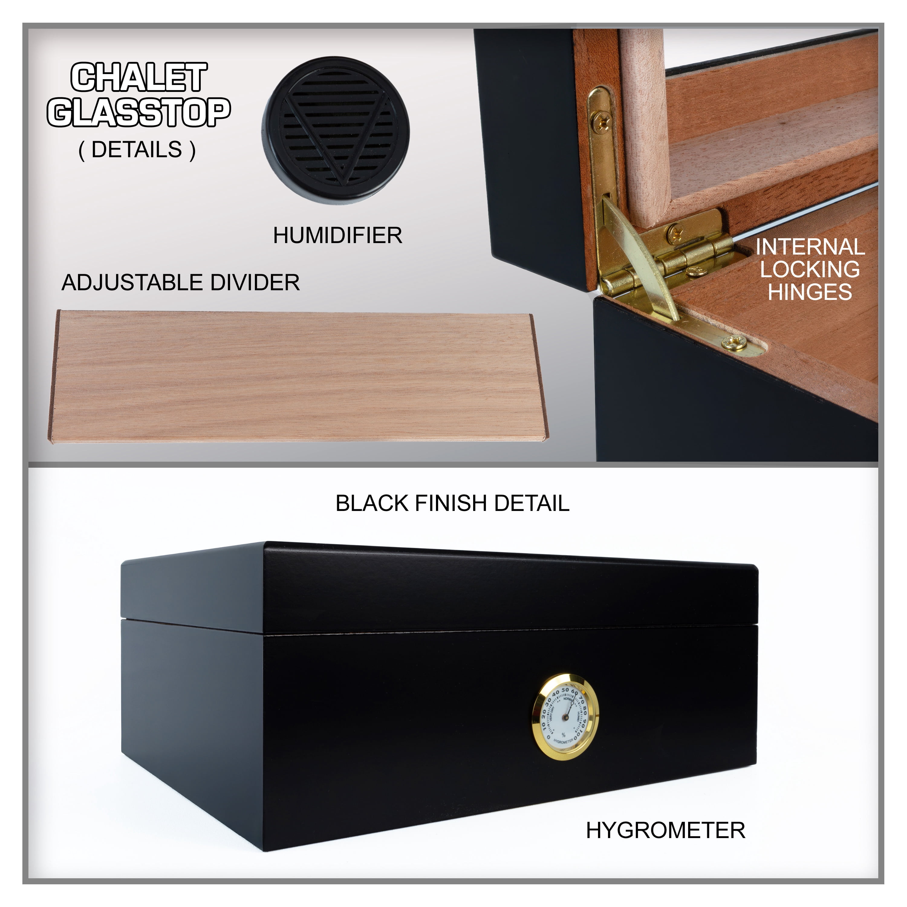 Chalet Glass Top Cigar Humidor - Black Finish - Capacity: 25 to 50