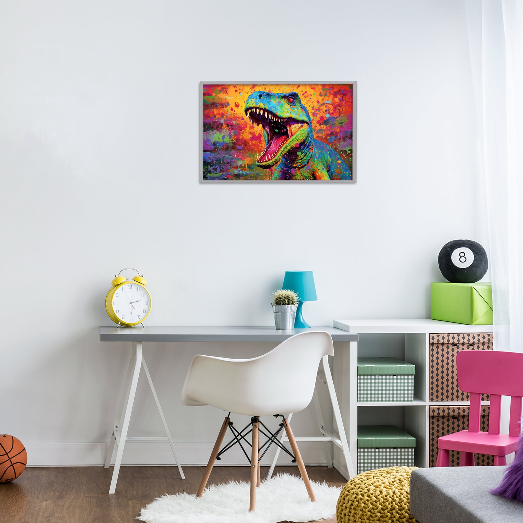Stupell Industries Colorful T-Rex with Splatter Gray Framed Giclee Art, design by Creative Studio