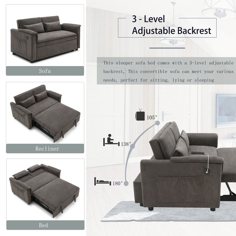 3-in-1 Convertible Velvet Pull Out Sofa Bed, Loveseat Chaise Sleeper Sofa with Adjustable Backrest, USB Ports & Side Pockets