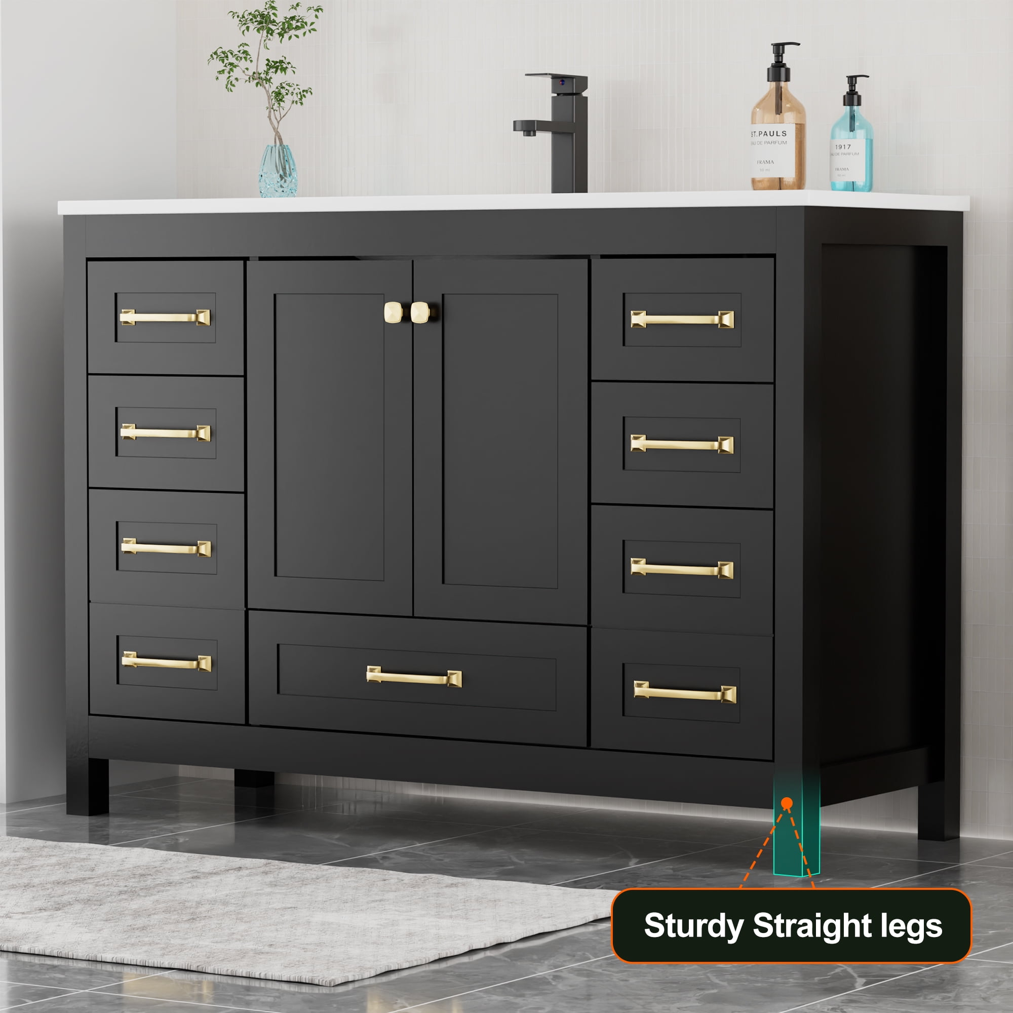 Eclife 48" Freestanding Bathroom Vanity with Integrated Sink Top, Multi-Compartment Storage, Zinc Alloy Faucet