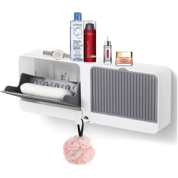No Drill Wall Mounted Double Soap Tray, Waterproof Plastic Organizer with Multi Hooks for Bathroom