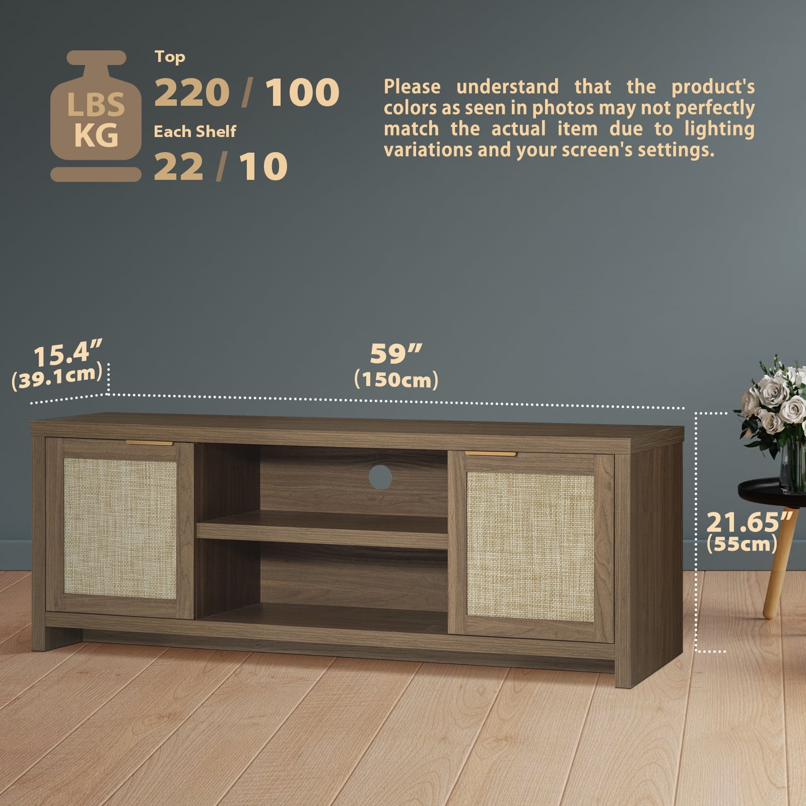 ARKANTOS Rattan TV Stand for Tvs up to 65 inch, Wood Media Console for Living Room, Classic Walnut