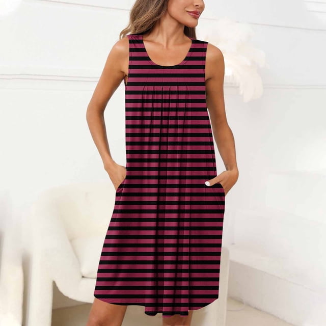 Pyjama pour Femmes Zeophrasy Femmes Imprimé avec Poches Chemises de Nuit Sans Manches Vêtements de Nuit devant Plissé Nuisette Col Rond Robe de Nuit Clearacne Moins de 5