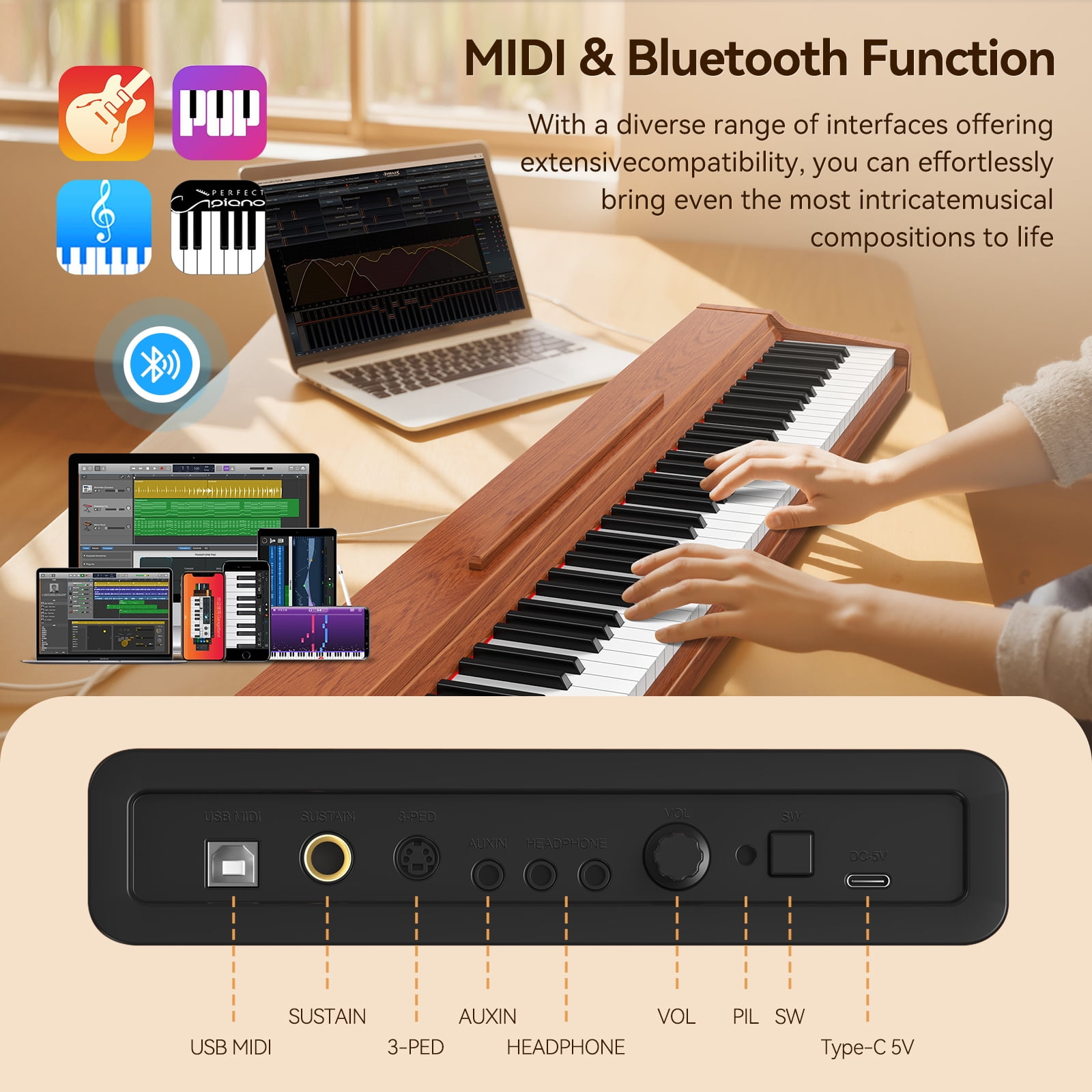TERENCE 88 Key Piano Keyboard Digital: 88 Key keyboard Piano Semi-Weighted Full Size Premium Sound MIDI Headphone Jack Triple Pedal for Beginners to Professionals