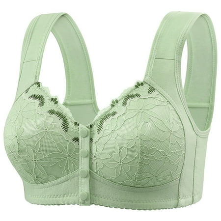 LYEAA Push up Bras for Women Front Closure Plus Size Lace Lightly Lined Wireless Daily Bras Wirefree Wide Strap Lift Soft Bralette No Wire Breathable Comfort Sleeping Bras Green 40/90