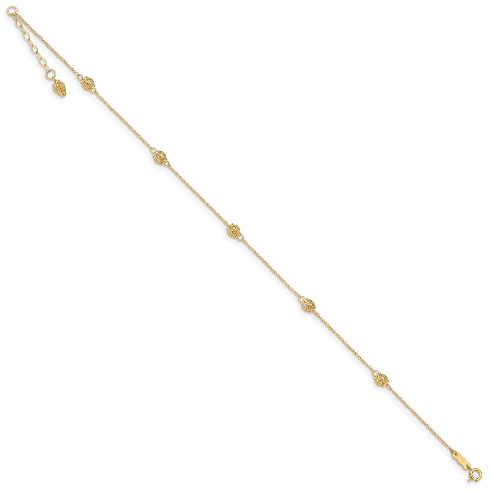 Real 14kt Yellow Gold Bead 9in Plus 1in ext. Anklet; 9 inch; for Adults and Teens; for Women and Men