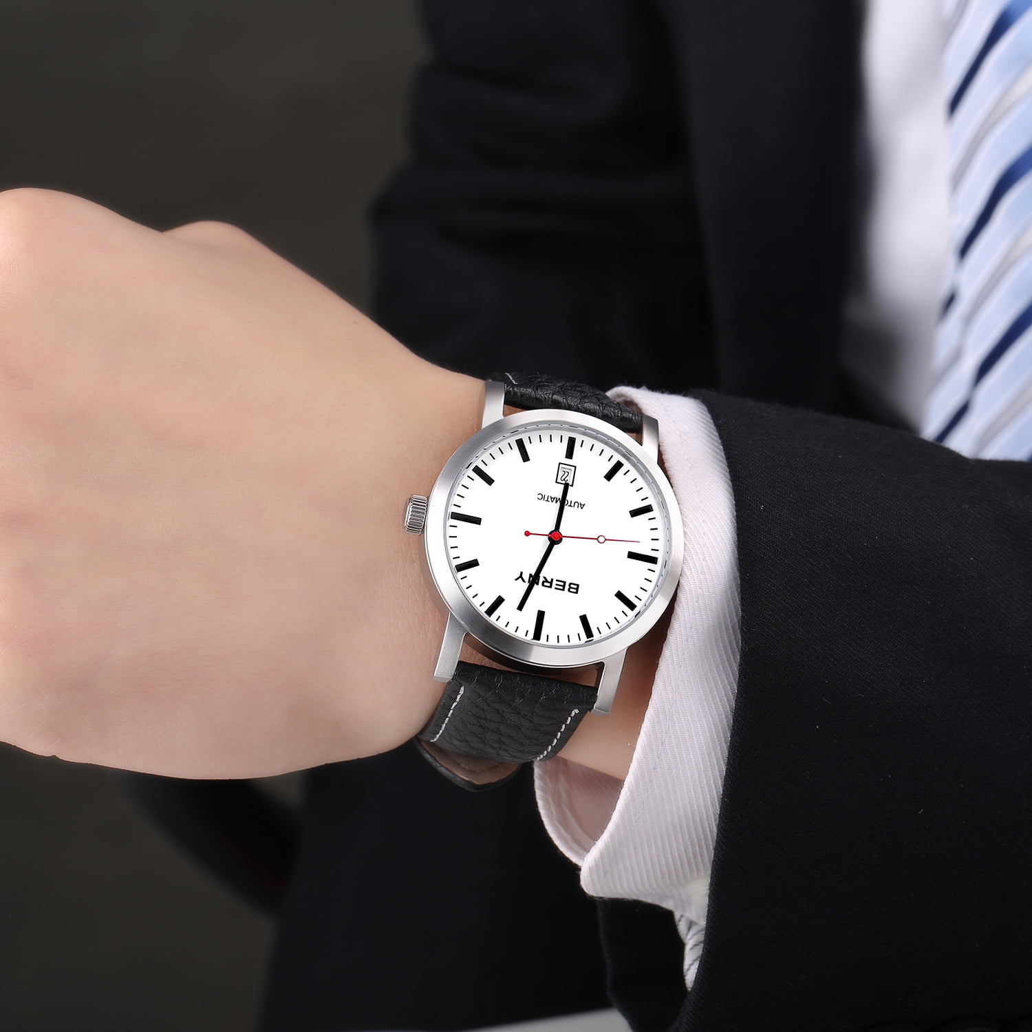 BERNY Automatic Watch for Men, Classic Mechanical Wristwatch with Genuine Leather Strap, Date Calendar, 5ATM Waterproof, Super Luminous, Red Seconds Hand (White)