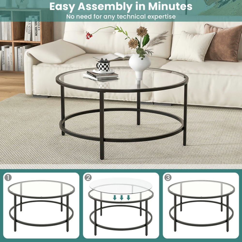 Finihen Coffee Table, Tempered Glass Coffee Table, 36 Inch Round Coffee Table with Tempered Glass Tabletop, for Living Room, Reception Room, Black Finihen Coffee Table, Tempered Glass Coffee Table, 36 Inch Round Coffee Table with Tempered Glass Tabletop, for Living Room, Reception Room, Black