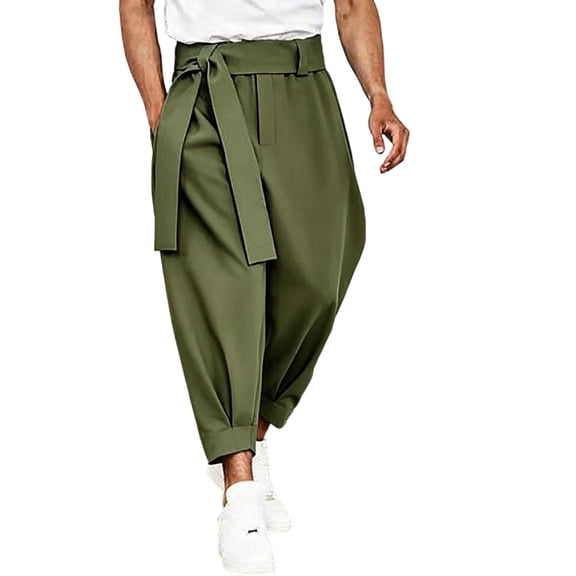 QIYAGBSA Men's Tie Waist Harem Pants Relaxed Drop Crotch Tapered Leg Casual Trousers with Side Pockets Streetwear Style (Army Green, 2XL)