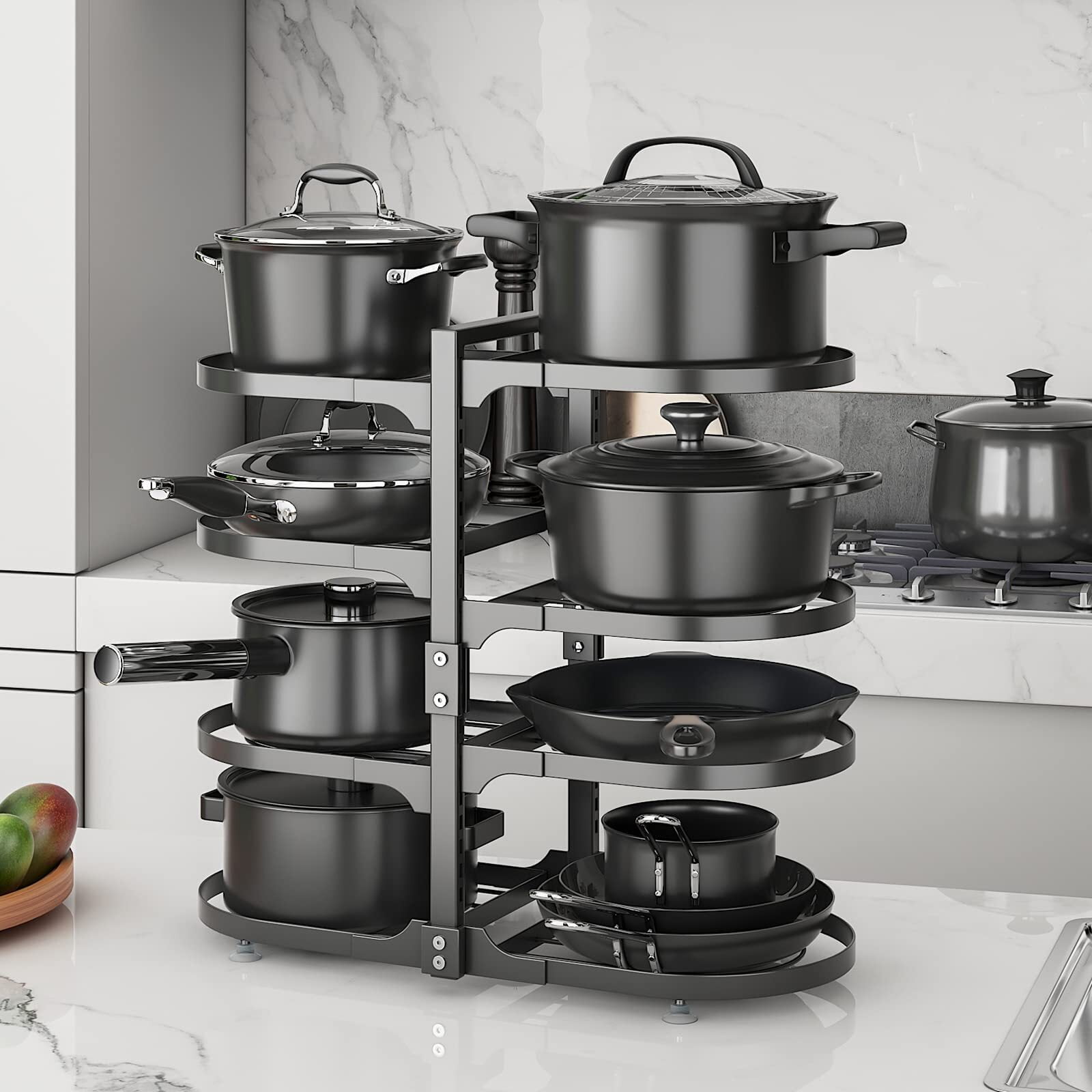 Aoibox 6-Tier Pots and Pans Lid Organizer Rack Holder, Adjustable Pot Organizer Rack Dish Rack for Under Cabinet, Black