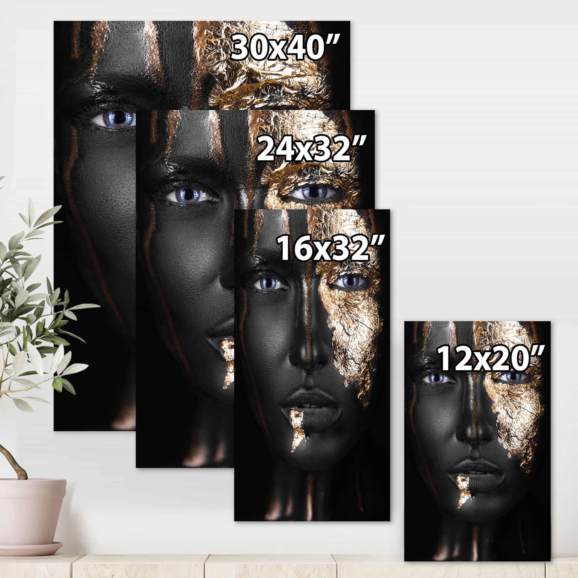Designart ' Portrait of A African American Girl with Gold Makeup ' Modern Canvas Wall Art Print