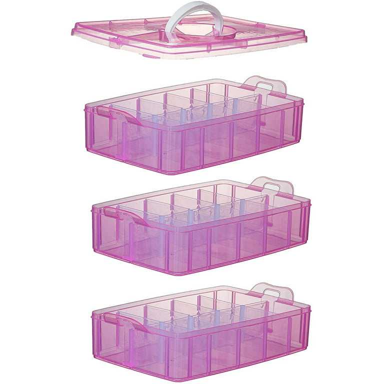 Casewin 3-Tier Pink Craft Storage Container Box, Stackable Organizer Box  with Dividers for Art Supplies, Fuse Beads, Washi Tapes, Beads, Hair