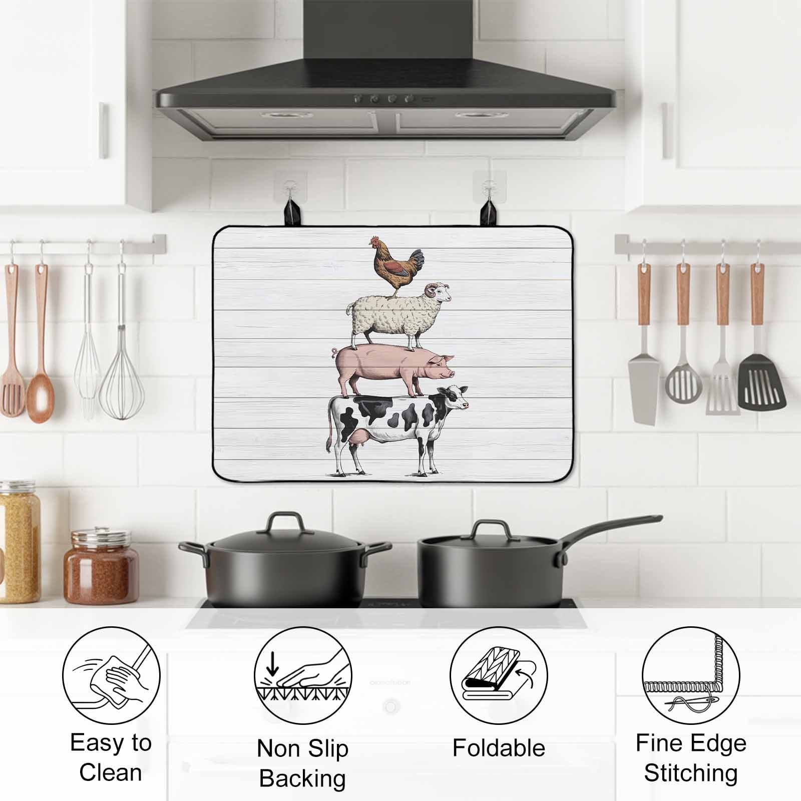 Farmhouse Wooden Grain Stove Top Cover for Electric Stove, Heat-proof & Non Slip Glass Top Stove Cover Protector, Modern Country Cow Pig Chicken Kitchen Flat Cooktop Rubber Mat 36x21 Inches