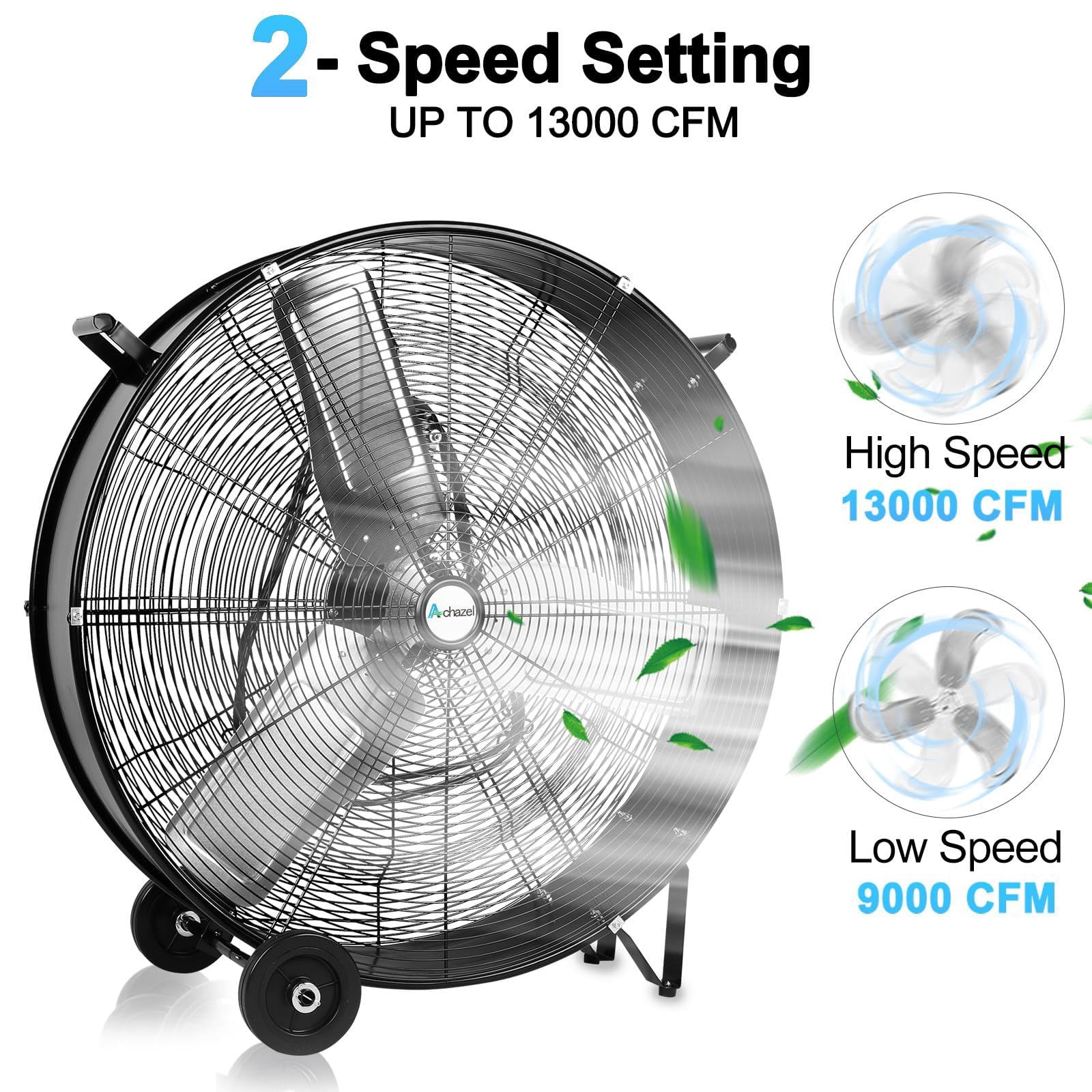 Achazel 30 Inch Industrial Drum Fan, 3-Speed Heavy Duty 13000 CFM High Velocity Air Circulation Floor Fan for Warehouse Workshops Garage Cooling