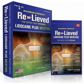 Re-Lieved 4% Lidocaine & 1% Menthol Pain Relief Patches Maximum Strength Medicated Patches for Joint & Muscle Pain Stick-on Fast-Acting Pain Relief Aluminum-Free, USA Made 6 Count
