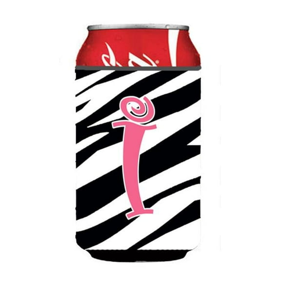 Letter I Initial Monogram - Zebra Stripe And Pink Can Or Bottle  Hugger