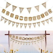 Just Married Bunting Banner MR & MRS Banner Wedding Love Heart Bunting 3 PCS Vintage Burlap Kraft Paper Banner Romantic Wedding Hanging Bunting for Wedding Bridal Shower Engagement