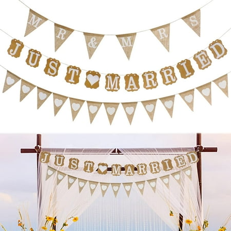 Just Married Bunting Banner MR & MRS Banner Wedding Love Heart Bunting 3 PCS Vintage Burlap Kraft Paper Banner Romantic Wedding Hanging Bunting for Wedding Bridal Shower Engagement