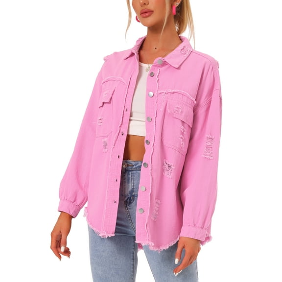 INSPIRE CHIC Women's Casual Ripped Jean Shirts Distressed Raw Hem Denim Jacket Pink S
