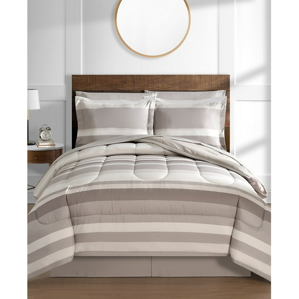 Tan Khaki Brown Stripe Boys Reversible King Comforter Set 8 Piece Bed In A Bag Walmart Com Walmart Com