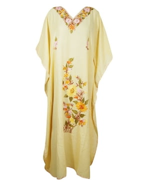 Mogul Women Beige Embellished Maxi Kaftan Dress Floral Embroidered Kimono Sleeves Resort Wear Housedress 3XL