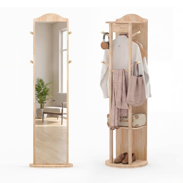 Costway Full Length Mirror Coat Rack Solid Wood Standing Mirror w/Clothes Hanger