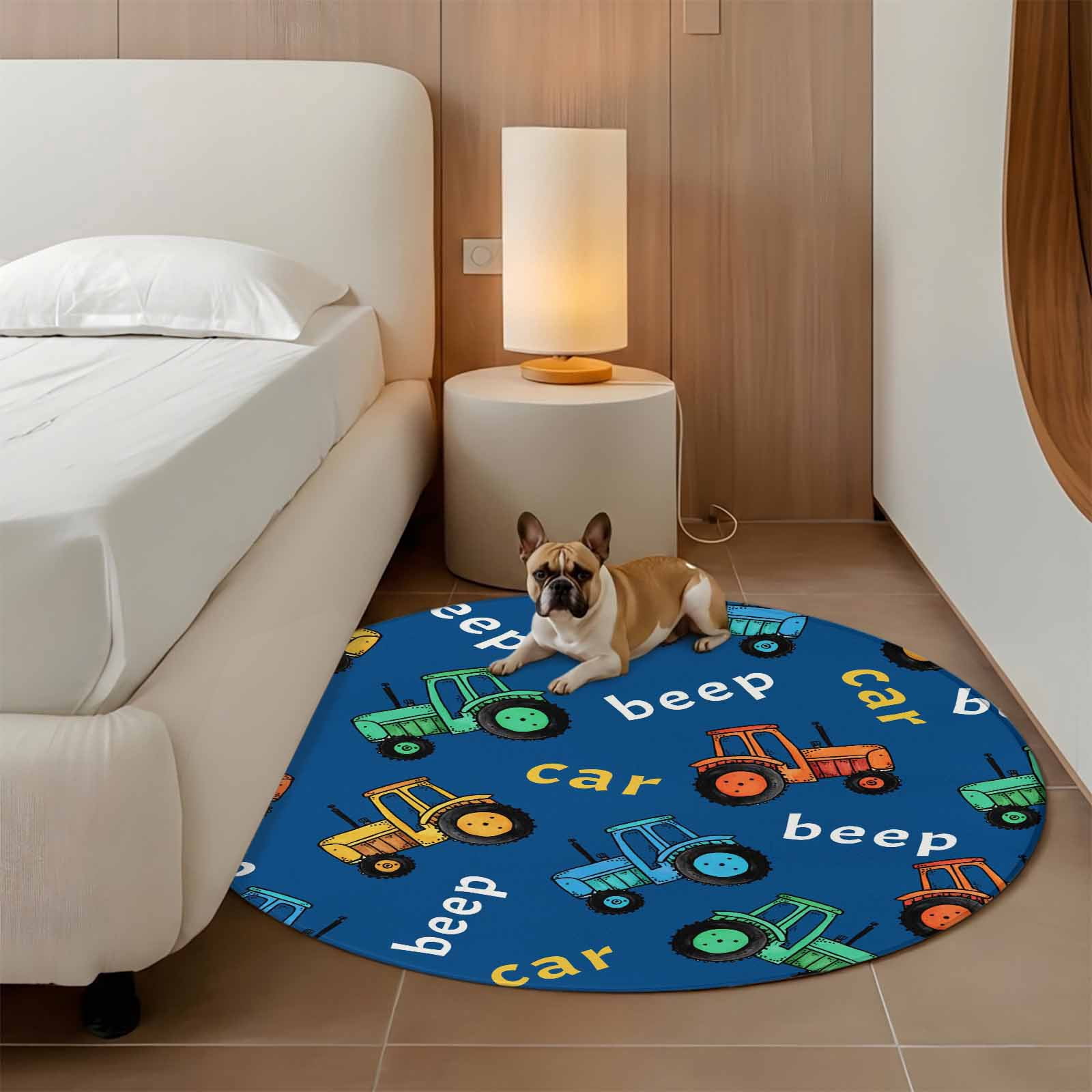 Cartoon Tractor Round Area Rug 8Ft Washable Large Circle Rugs for Living Room Dorm, Cute Beep Car Digger Shovel Truck Blue Non-Slip Carpet Floor Mats Indoor Outdoor Carpet Runner Aesthetic Home Decor