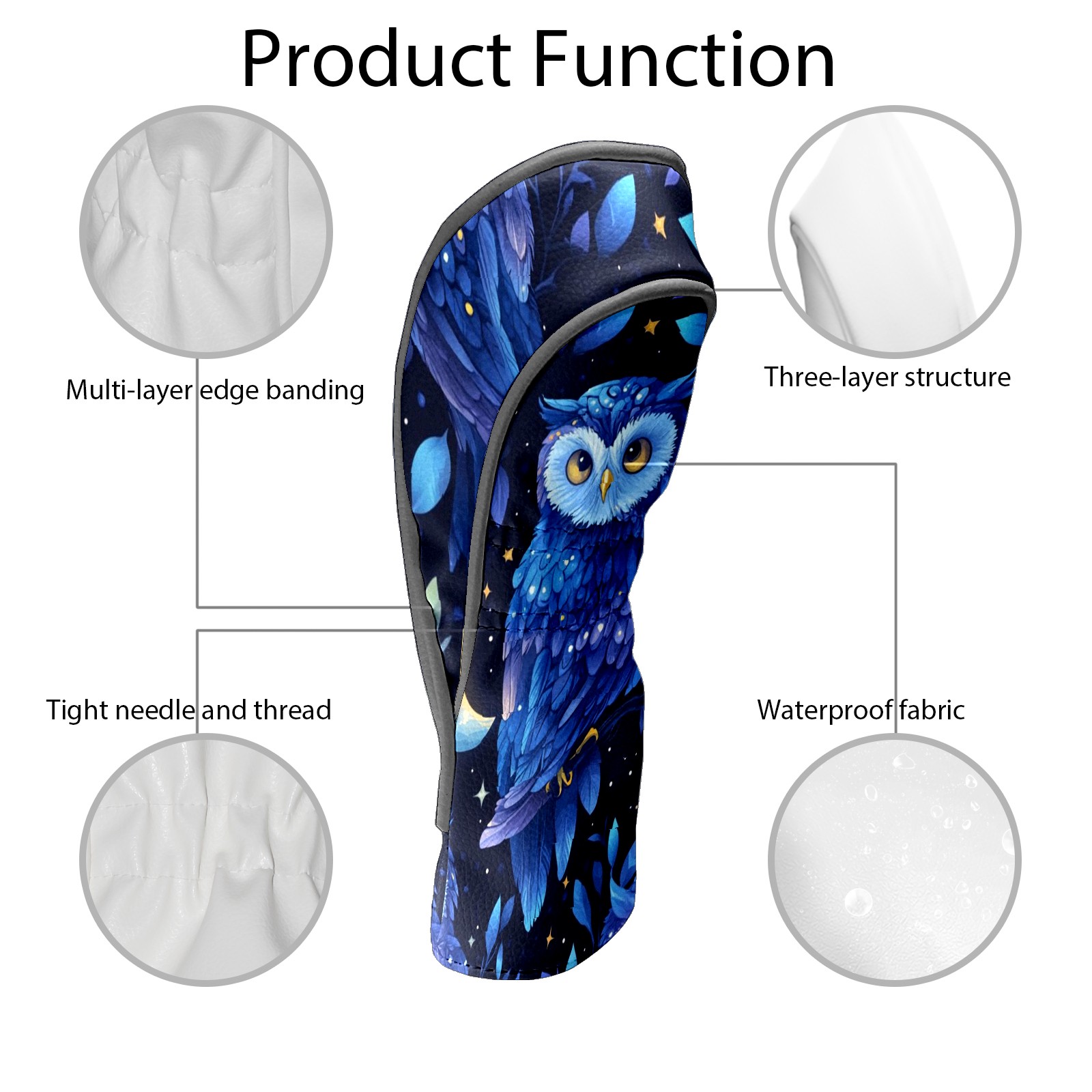 Golf Club Head Covers - Blue Owl Design, PU Leather, Waterproof, Fits Fairway Woods/Hybrid, Unisex, Fits Most Brands