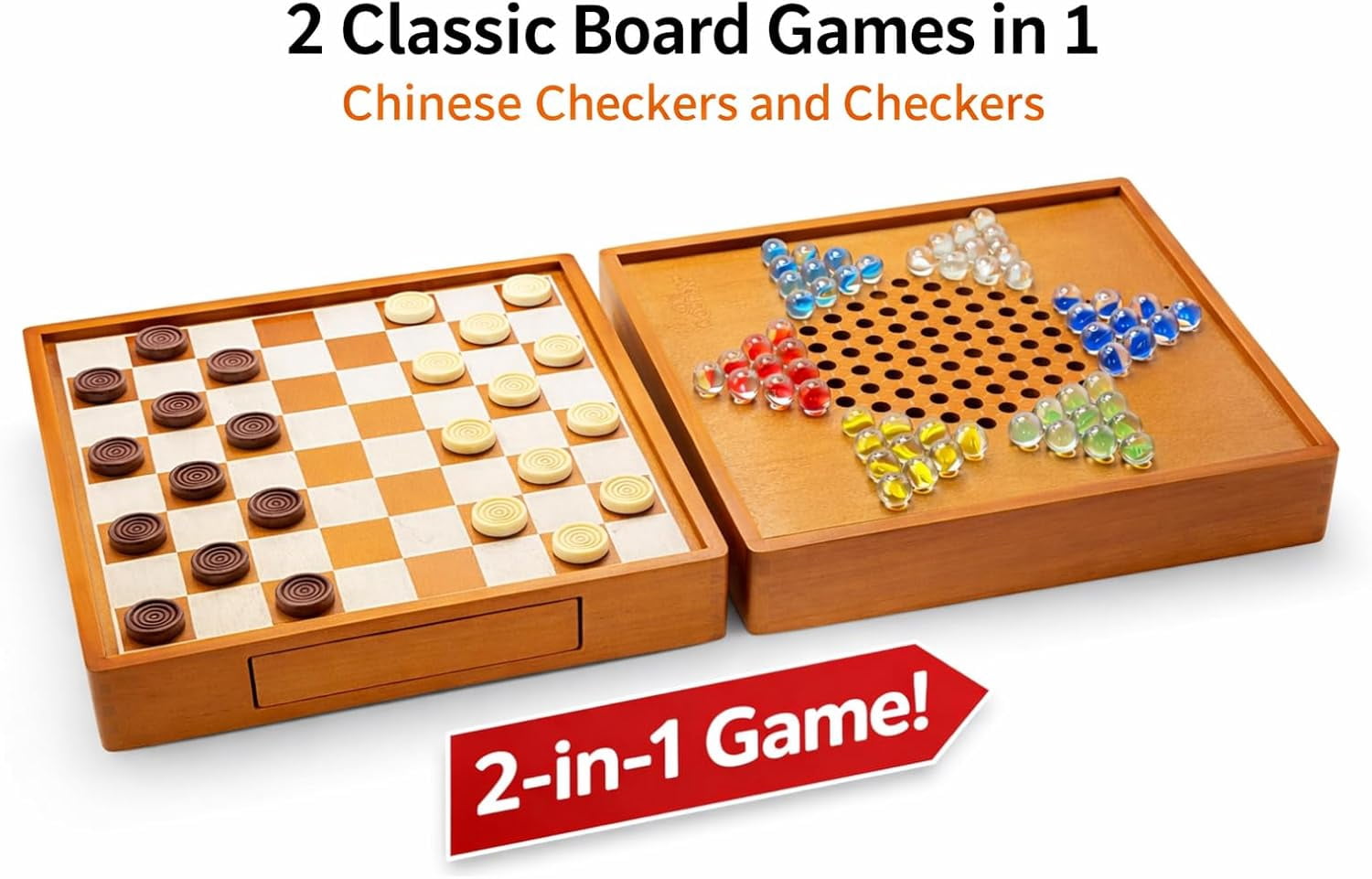 2 in 1 Chinese Checkers and Checkers 12” Golden Wooden Board with Storage Drawer & 60 Colorful Glass Marbles, Classic, Competitive, Strategy Games, Deluxe Checkers and Chinese Checkers Board Game Set