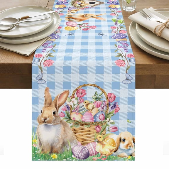Easter Bunny Table Runner - 36 Inch Long, Kitchen Dining Table Runner Dresser Scarves, Spring Easter Eggs Floral Blue Check Farmhouse Decor for Coffee Tables Wedding Party Banquet