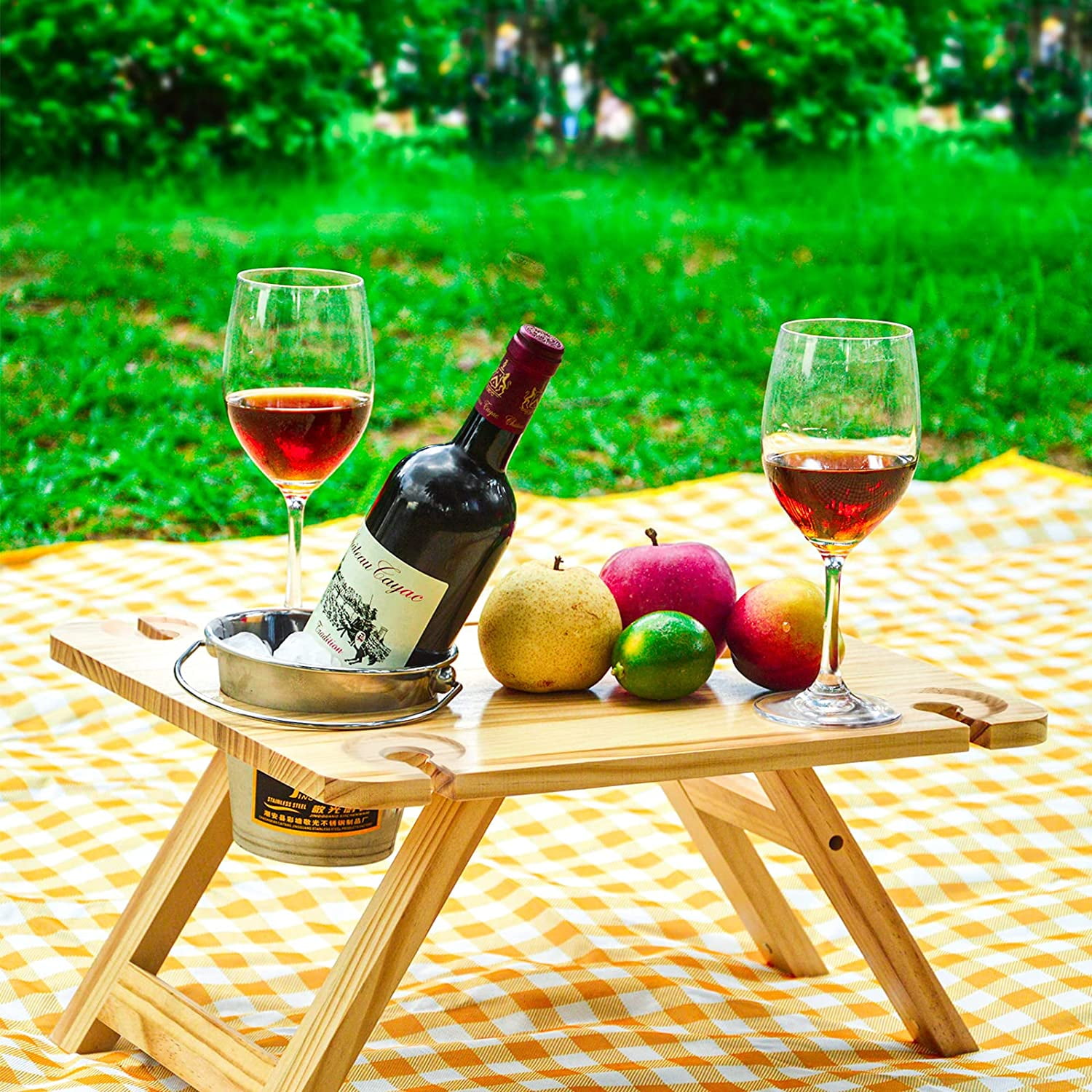 JMH Wooden Folding Wine Picnic Table with Glass Holder, Portable Small