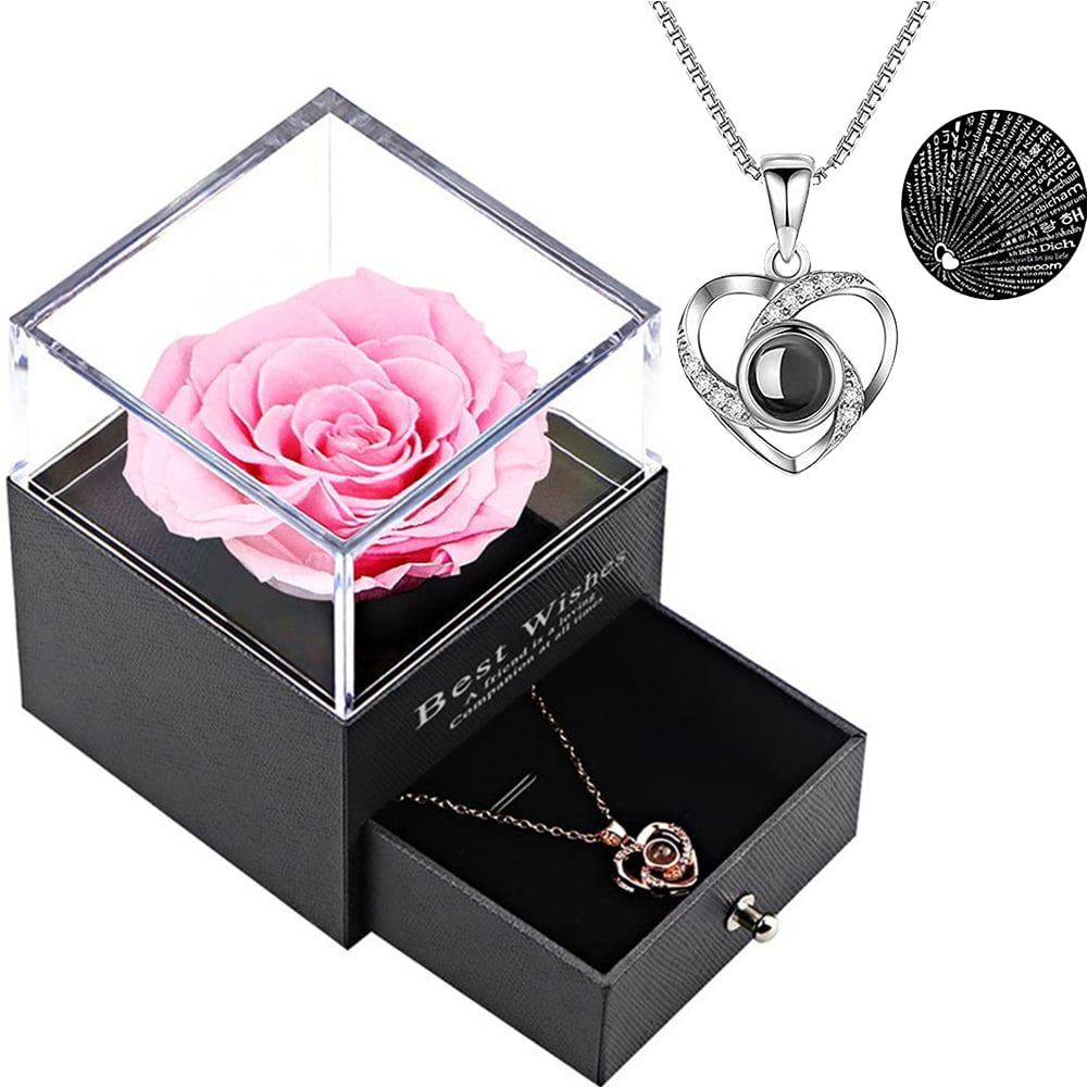 I Love You Gifts for Her-Valentines Day Romantic Gifts for Her-Preserved Rose Gift with I Love You in 100 Languages 925 Sterling Silver Necklace for Girlfriend Birthday Gifts for Women 