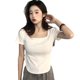 thumbnail image 5 of Camiseta de manga corta Blusa básica sin costuras con cuello cuadrado informal ajustada para verano, 5 of 5