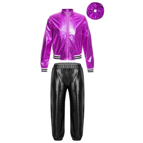 Yartina Kids Boys Girls Hip Hop Jazz Dance Costumes Shiny Metallic Bomber Jacket with Sweatpants Purple&Black 14