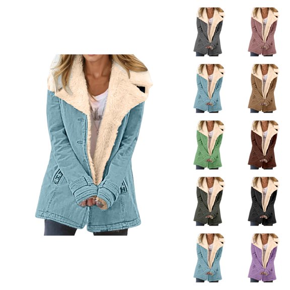Winter Coats for Women Long Sleeve Thick Warm Suede Notch Collar Button Cardigan Jacket Outerwear with Pockets