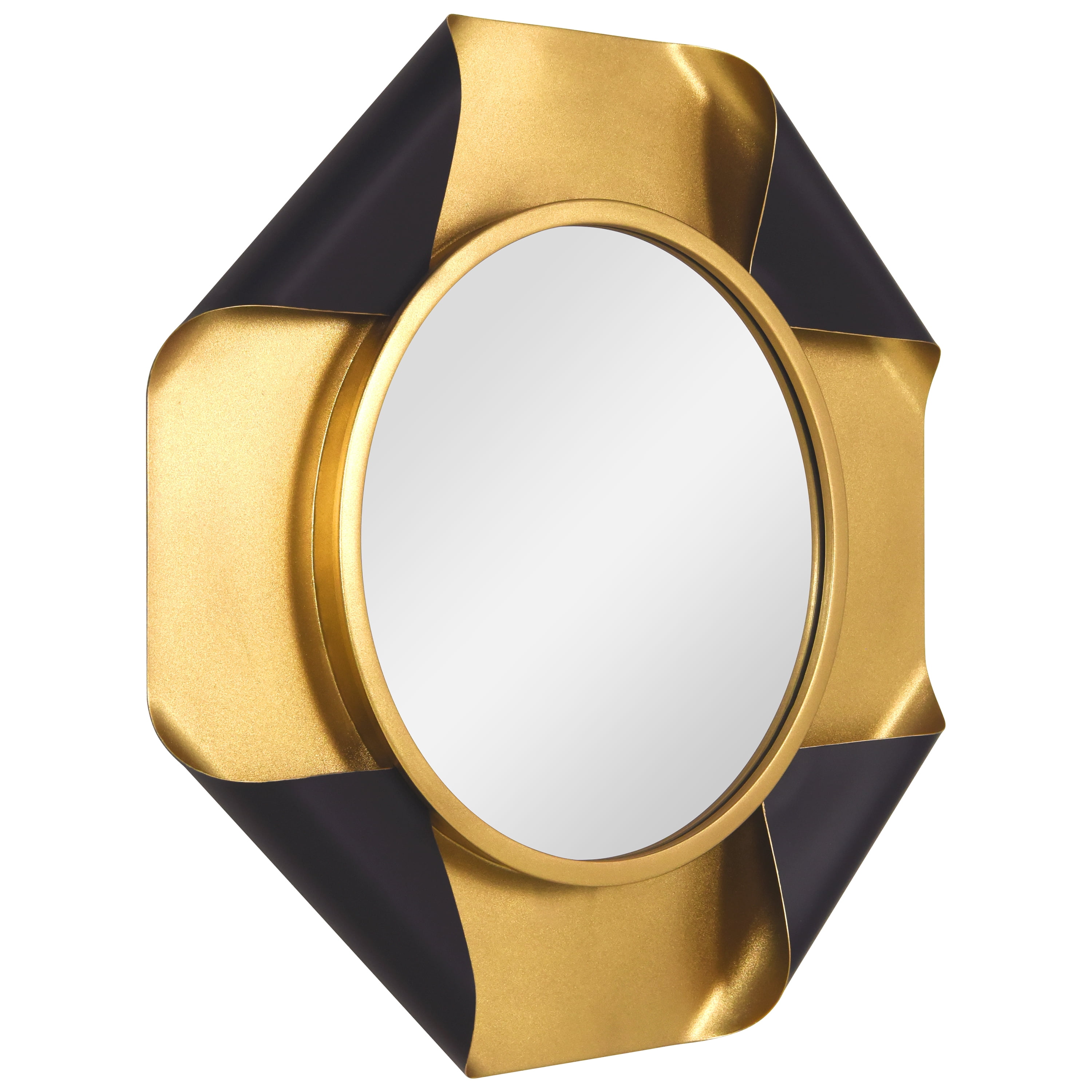 Round Wall Mirror on Gold Foiled Octagon with Curled Metal Frame