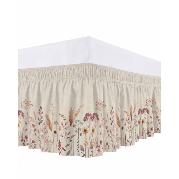 Pastoral Pink Flower Bed Skirt King Size 18 Inch Drop, Sunflower Leaf Farm Plant Vintage Wrap Around Dust Ruffle Bedskirts, Wrinkle & Fade Resistant Easy Fit Bedskirt with Adjustable Elastic