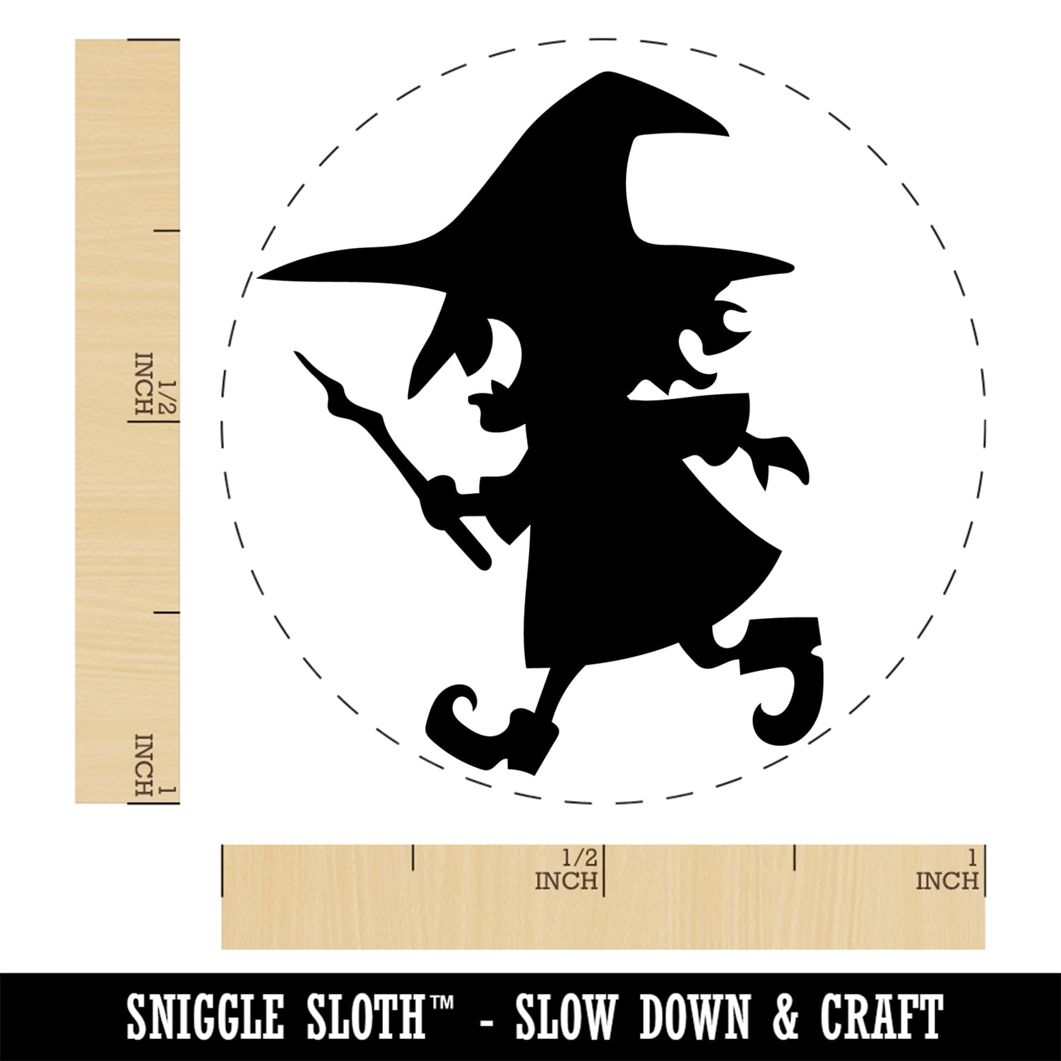 Mischievous Little Witch Wand Halloween Self-Inking Rubber Stamp Ink Stamper - Brown Ink - Medium 1 Inch